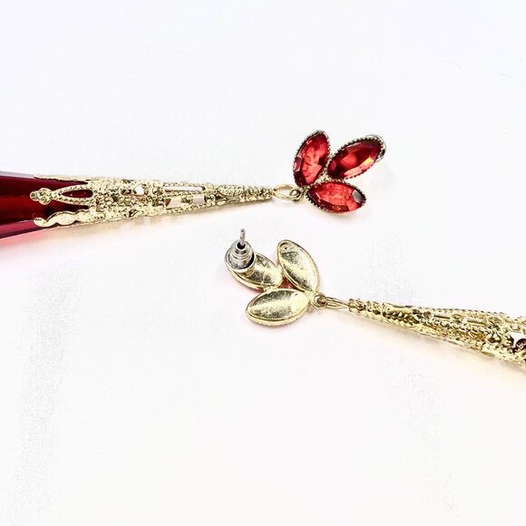 NWT – Charming Charlie – Red Jeweled Drop Glass Dangle Gold Tone 3.5” Earrings - Picture 5 of 8